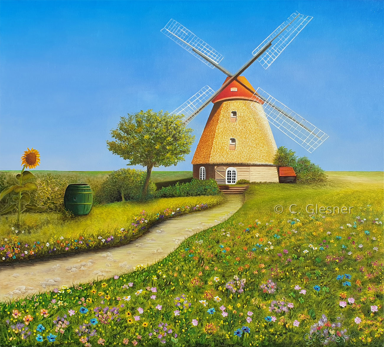 Windmühle 2 mit Wiesenblumen, Hommage an Jacob van Ruisdael, Öl auf Leinwand, Christine Glesner