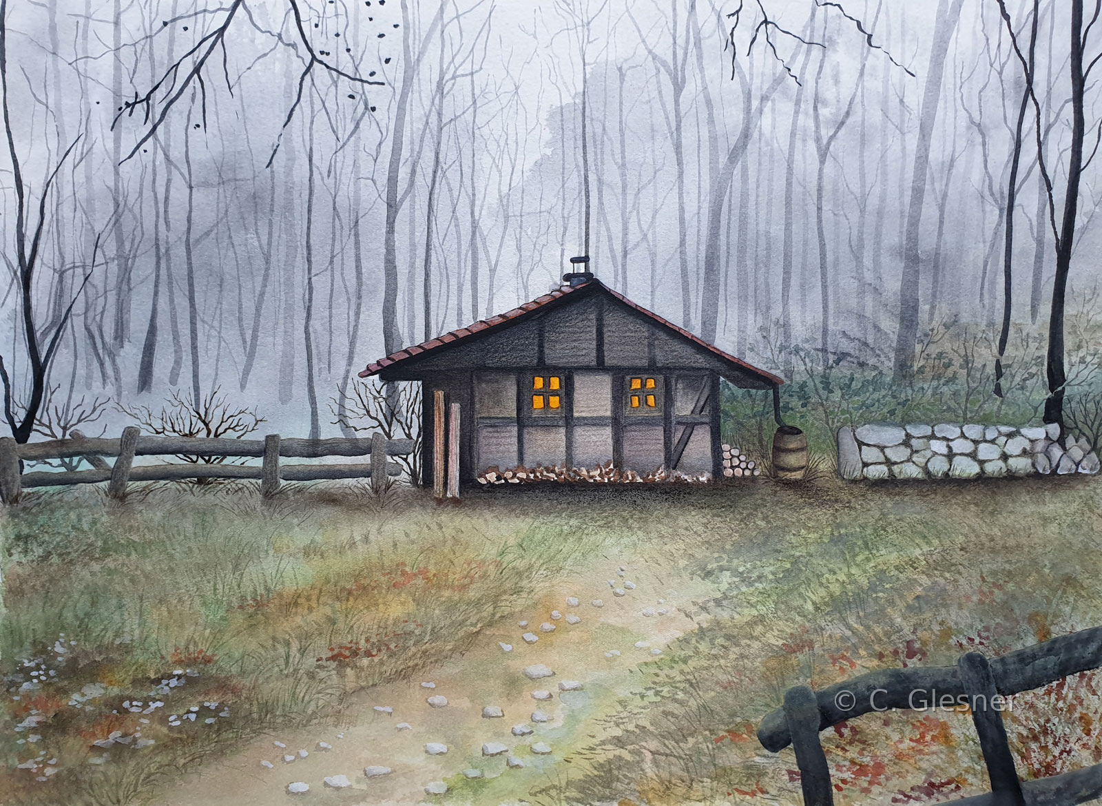 Hütte am Donnersberg im Nebel, Aquarell, Waldhütte im Herbstnebel