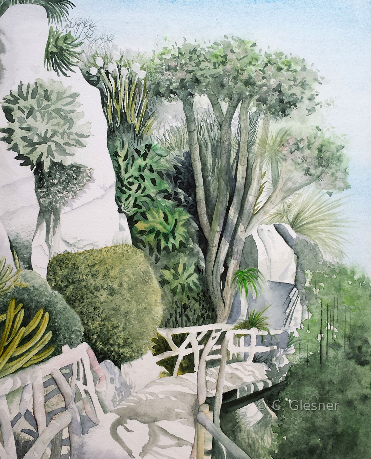 Monaco botanischer Garten, Aquarell, mediterrane Pflanzen